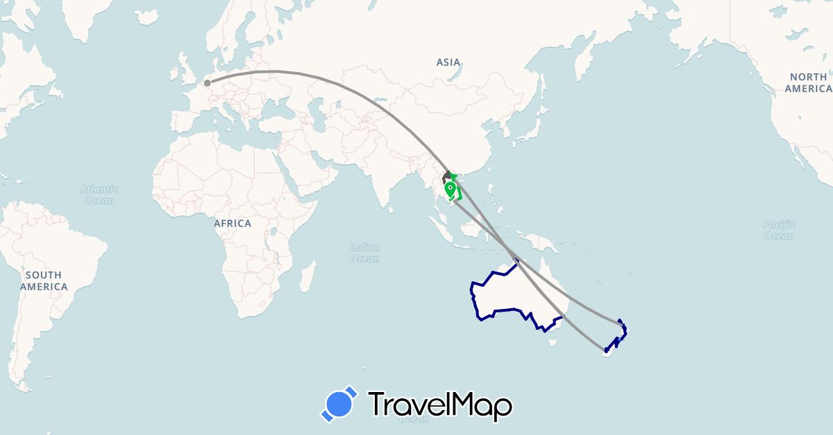 TravelMap itinerary: driving, bus, plane, boat, motorbike in Australia, Cambodia, Laos, Netherlands, New Zealand, Vietnam (Asia, Europe, Oceania)